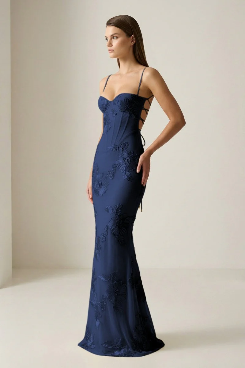 Yellow Spaghetti Straps Sheath Long Prom Dresses With Floral Embroidery