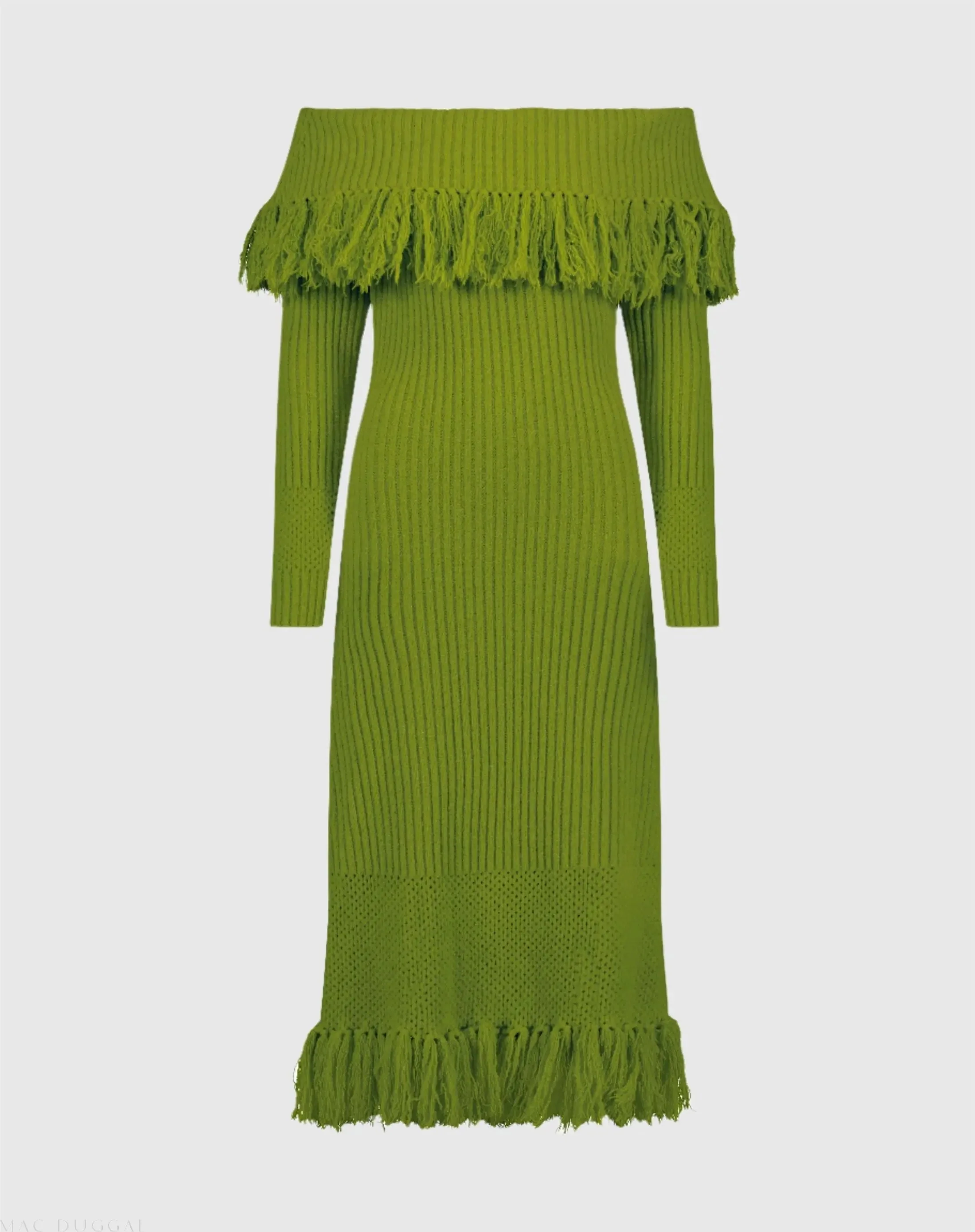 Green Off The Shoulder Fringe Long Sleeve Knit Dress