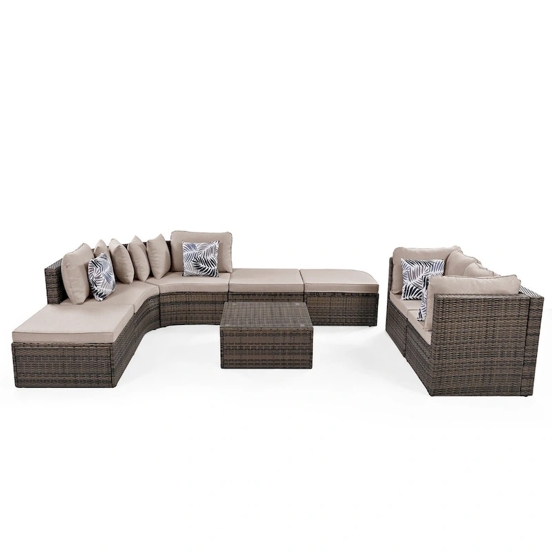 8-Piece Outdoor Brown Wicker Conversation Sofa Set with Beige Cushions and Colorful Pillows