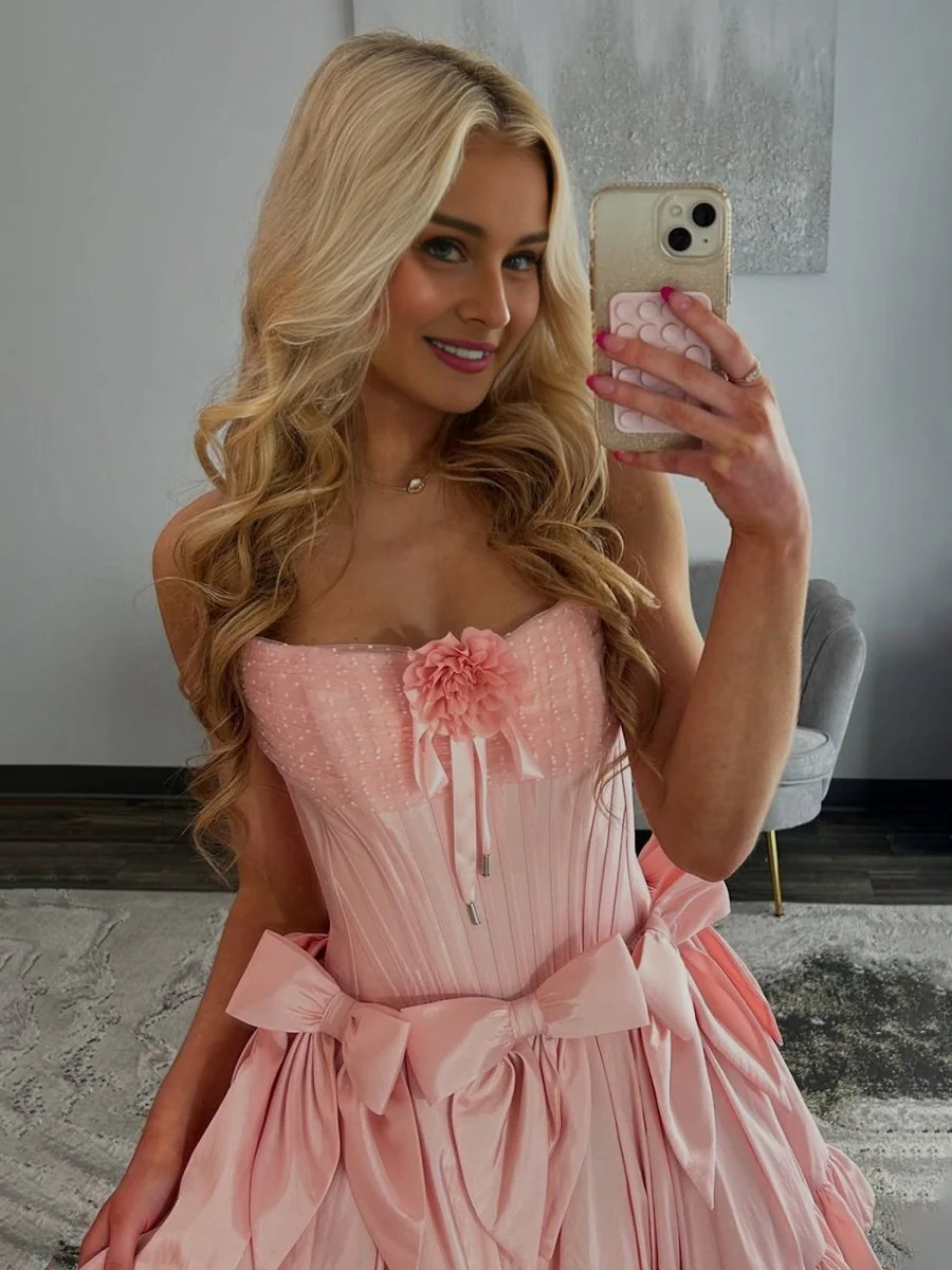 Pink - Strapless Satin Ruffles A-Line Homecoming Dress With Bow