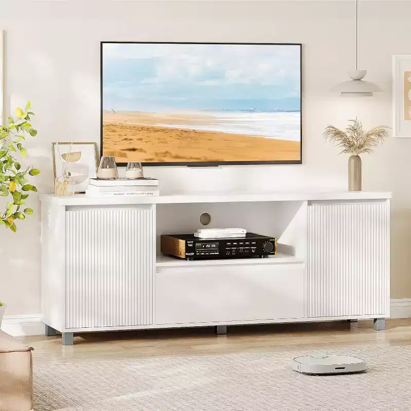 TV Stand with Storage, Fluted Entertainment Center for 60/65/70 inch TV, Modern Media TV Console Cabinet with Drawer for Living Room, Bedroom, White