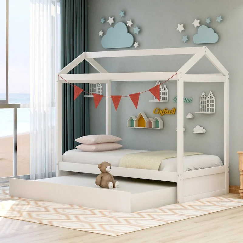 White Twin House-Style Kids Bed with Trundle, 1-Sleeper