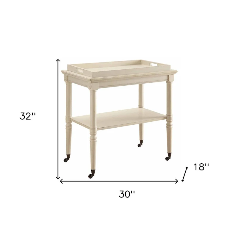 HomeRoots 30 Antiqued White Wood Rolling Bar Cart - 30 W x 18 D x 32 H