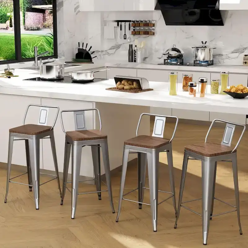 Silver Metal Bar Stools with Wood Seat, Industrial Style, Set of 4, Counter Height 23-28 in.