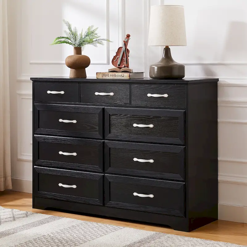 Bedroom dresser, 9 drawer long dresser with antique handles, wood chest of drawers for kids room, living room, entry and hallway