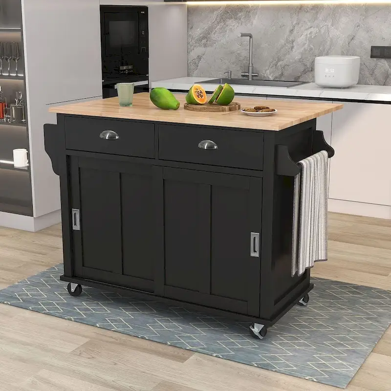 Black / White / Mint Green Kitchen Cart with Drop-Leaf & Sliding Barn Door | Wheels | 1-Person