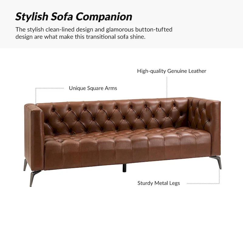 Transitional Genuine Leather Sofa with Metal Legs and Tufted Back