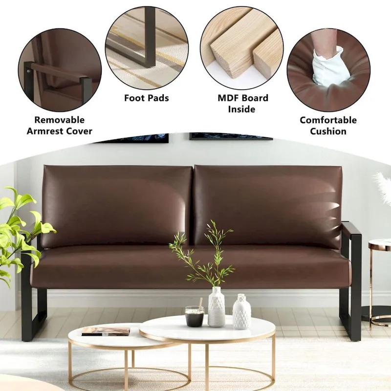 Mid-Century Style Faux Leather Loveseat Sofa with Steel Frame