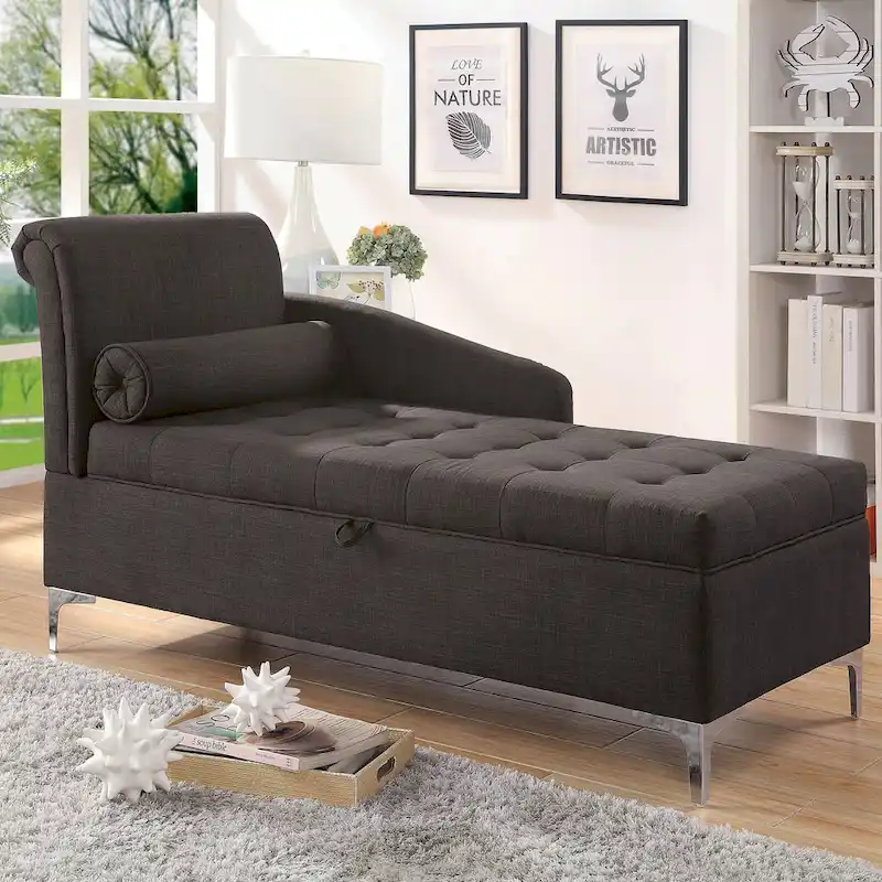 Agra Transitional Grey Fabric Upholstered Buton Tufted Chaise by Furniture of America
