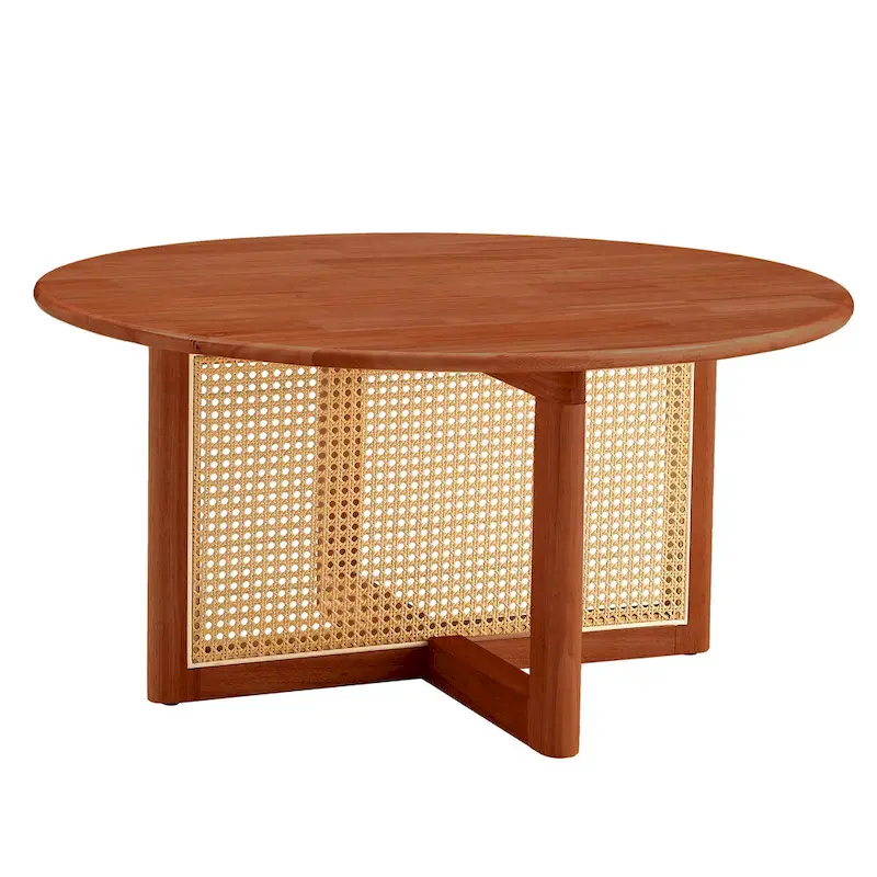 wooden coffee table with faux rattan accents