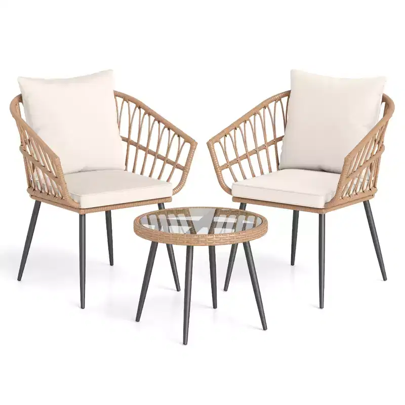 Costway 3PCS Patio Bistro Set with Soft Cushions, Tempered Glass Coffee Table & Metal Frame