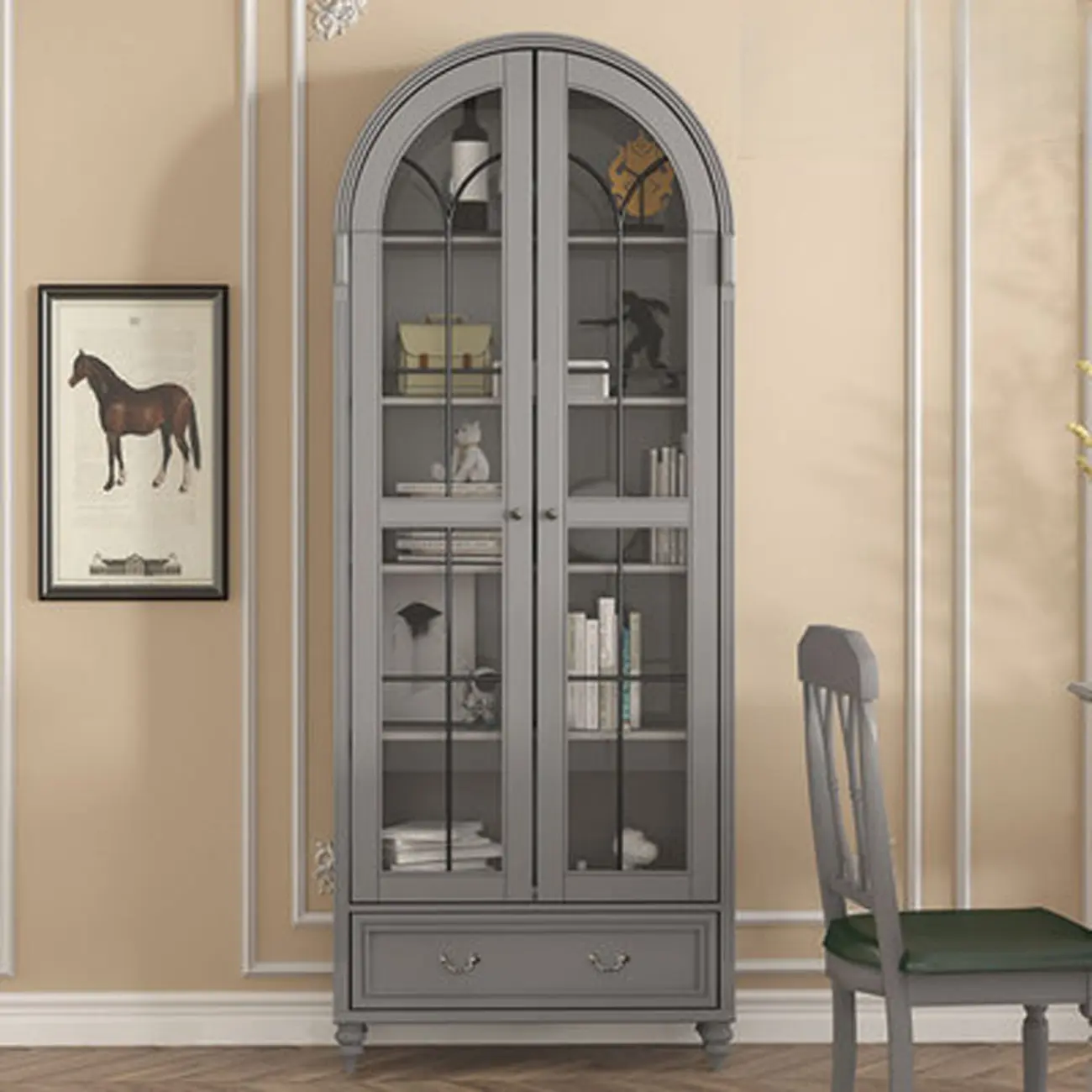 Arched White Wood Glass Doors Storage Display Cabinet