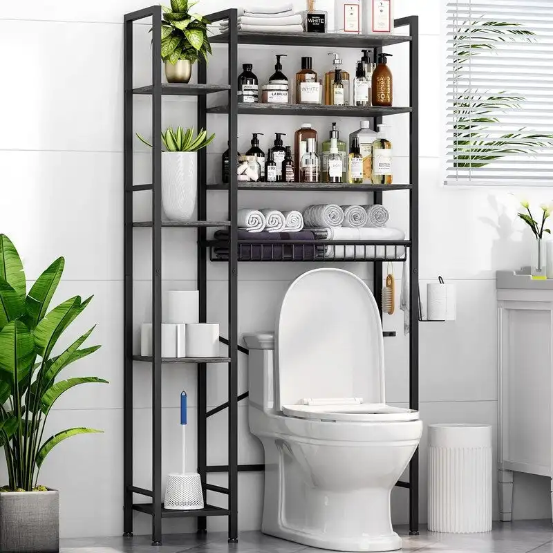 8-Tier Over The Toilet Storage with Side Rack, Over Toilet Storage Rack with Adjustable Shelf & Drain Basket
