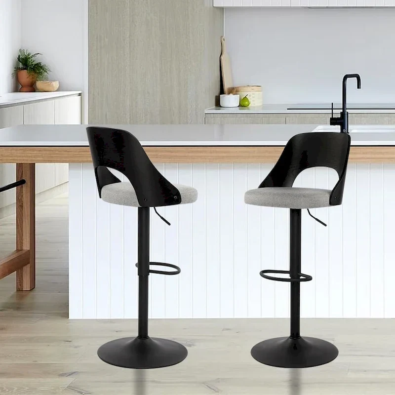 Black / Natural Linen Swivel Bar Stool, Adjustable Height, Set of 2