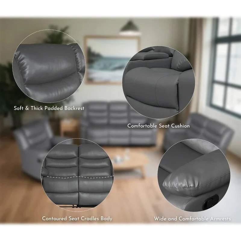 Faux Leather Manual Reclining Living Room Sofa with Dropdown Table and Console