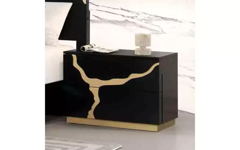 JVNOXK 28-inch Modern Single Nightstand Gold Lacquer Pattern French and English Dovetail Drawers Bedroom Furniture Black and Gold