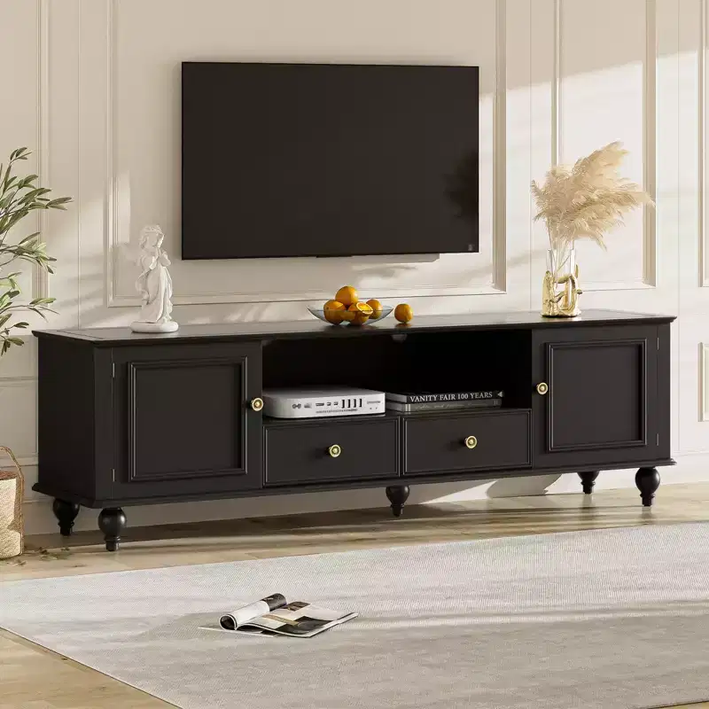 MAYEERTY Modern TV Stand with Open Compartment 2 Drawers 2 Cabinets and 5 Solid Legs for Living Room Black