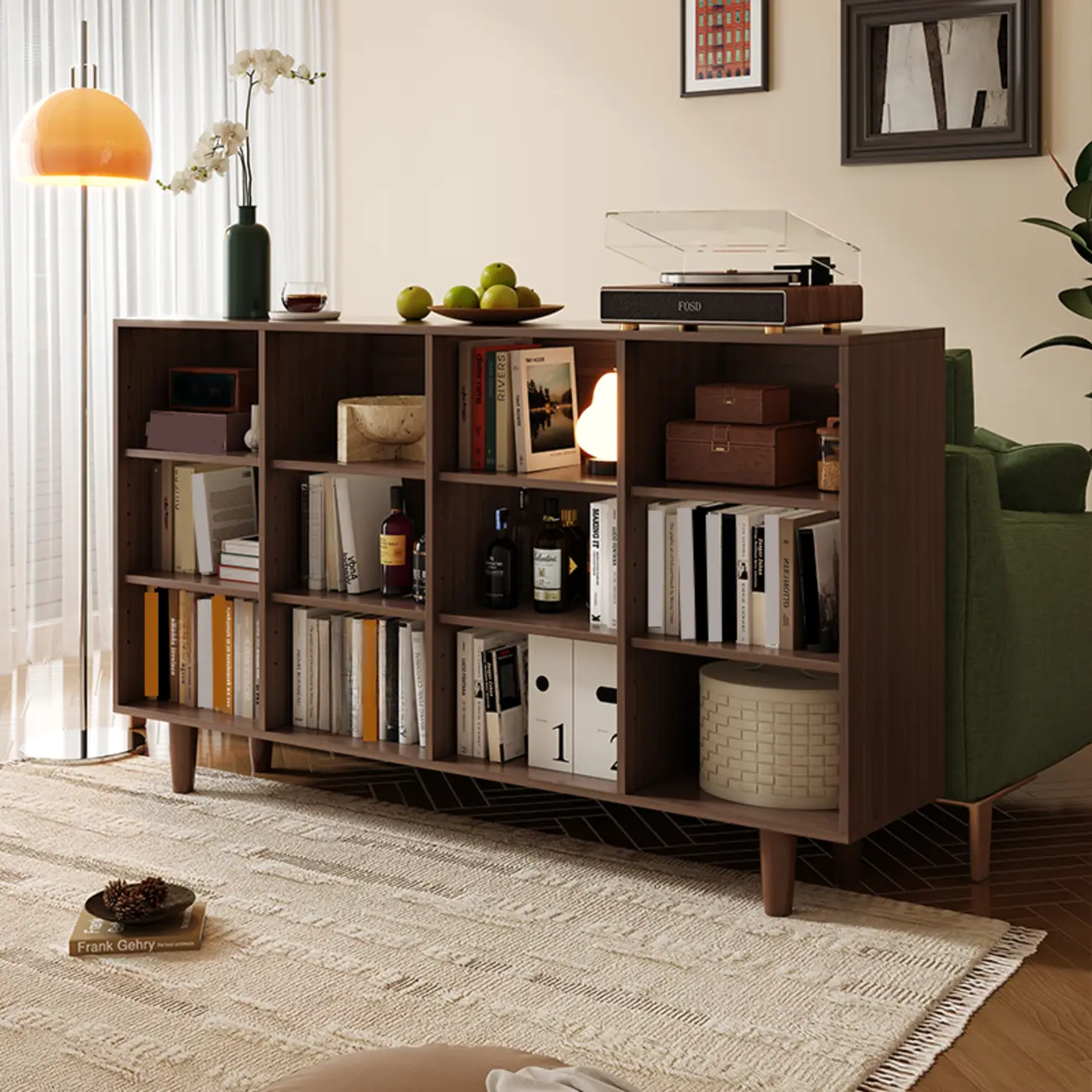 Wide 7-Shelf Modern Wooden Nut-Brown Open Bookcase