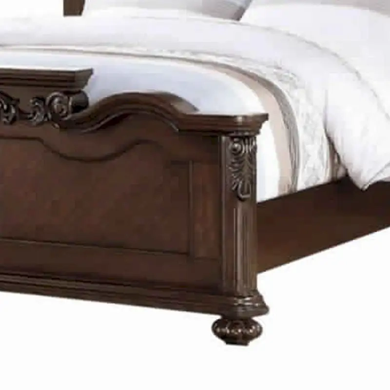 Dark Walnut Carved & Upholstered Wooden Queen Bed