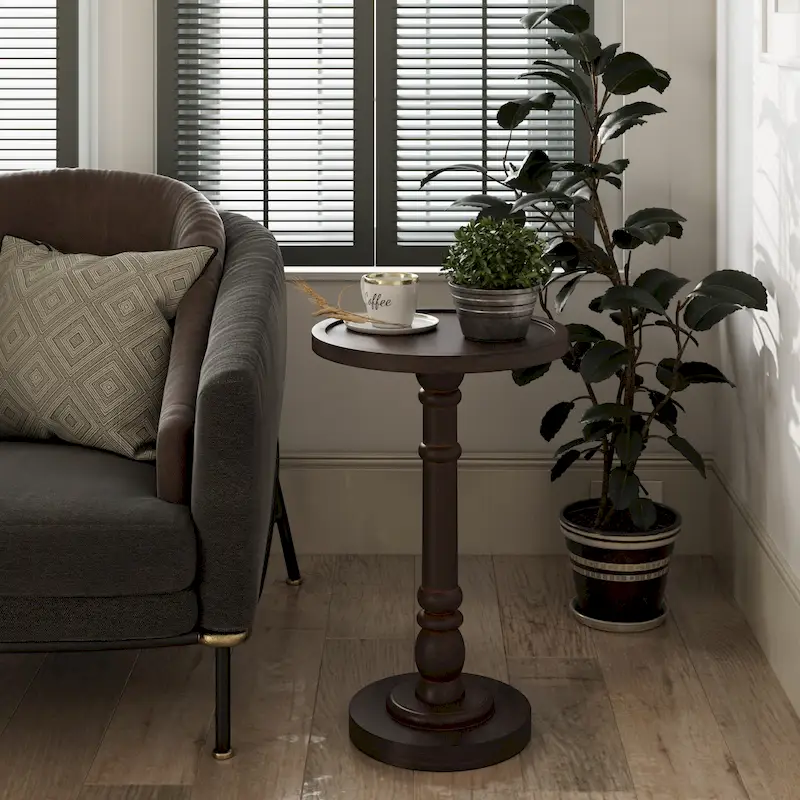 Round Pedestal End Table – Espresso / Wood / Black & White, Farmhouse Style, 1-Person