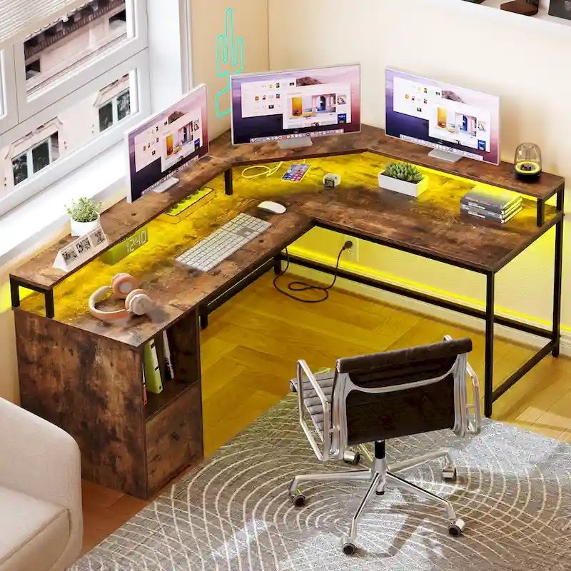 Brown/White/Black/Oak L-Shaped Desk with LED Strip, Monitor Stand & Storage, 1-Person