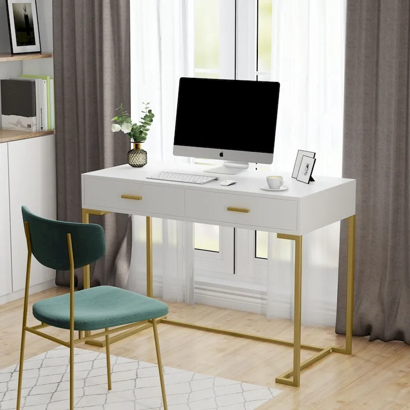 40 Inches Computer Desk White and Gold Desk with 2 Drawers