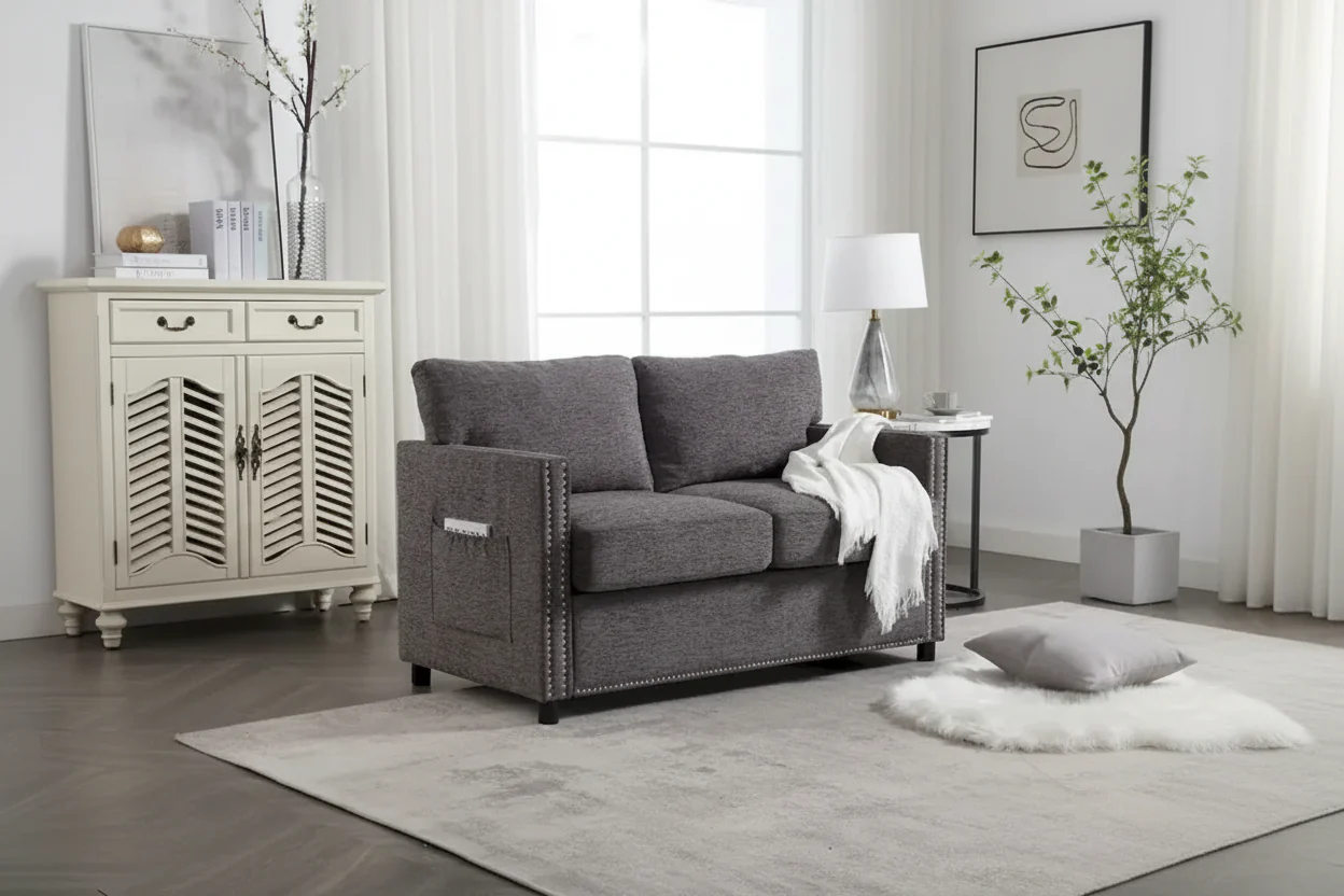 2-Seat Chenille Fabric Loveseat with Side Storage Pockets