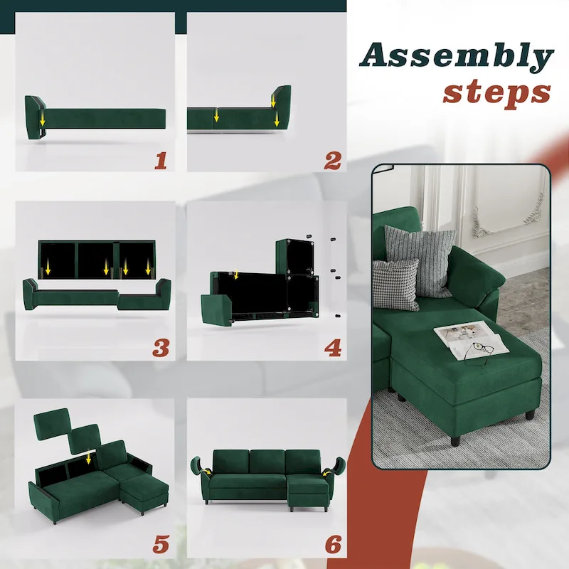 Futzca Sectional Sofa Couch, 3 Seat L Shaped Sofa with Removable Pillows