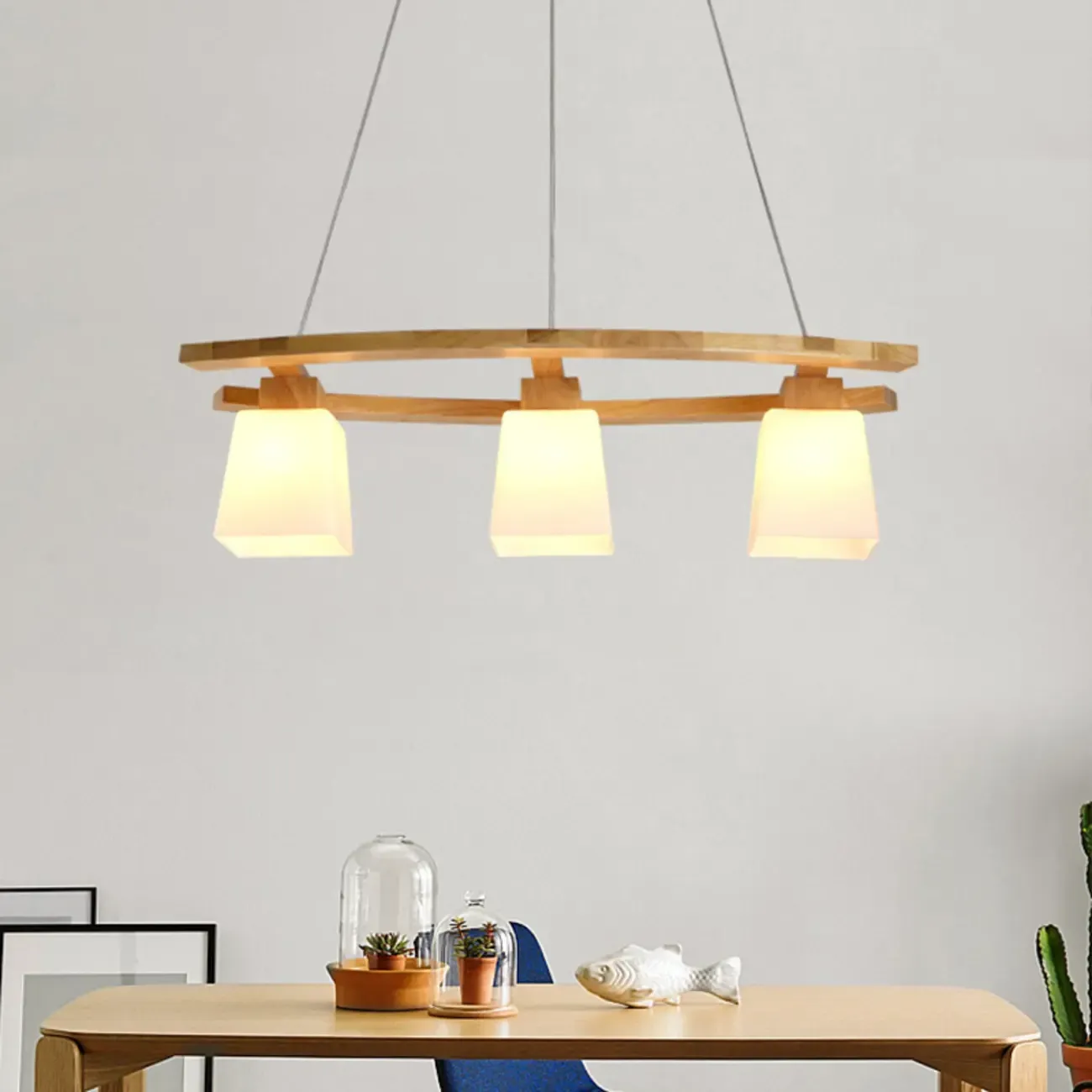 Modern 3-Light Wooden Glass Pendant Light Island Hanging