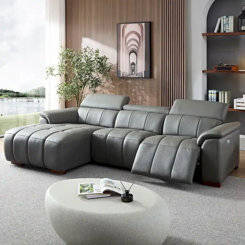 Wall-Hugger Reclining Sofa Modern Electric Control Genuine Leather L Shaped Couch, Seating Furniture with USB Port