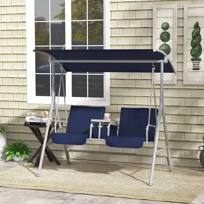 2-Person Patio Swing with Canopy Storage Table and Cup Holders Dark Blue