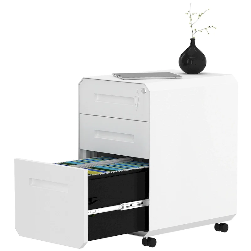 3-Drawer Mobile File Cabinet, White / Black, Steel with Locking Wheels