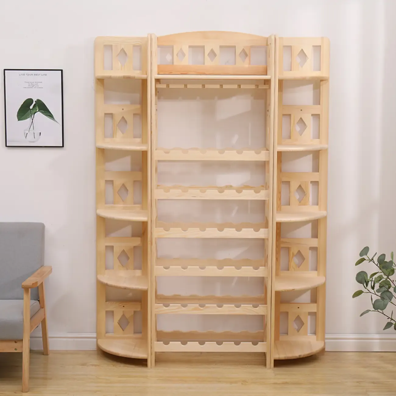 Free Standing Pine Wood Wine Racks with Bar Glass Holder Shelf