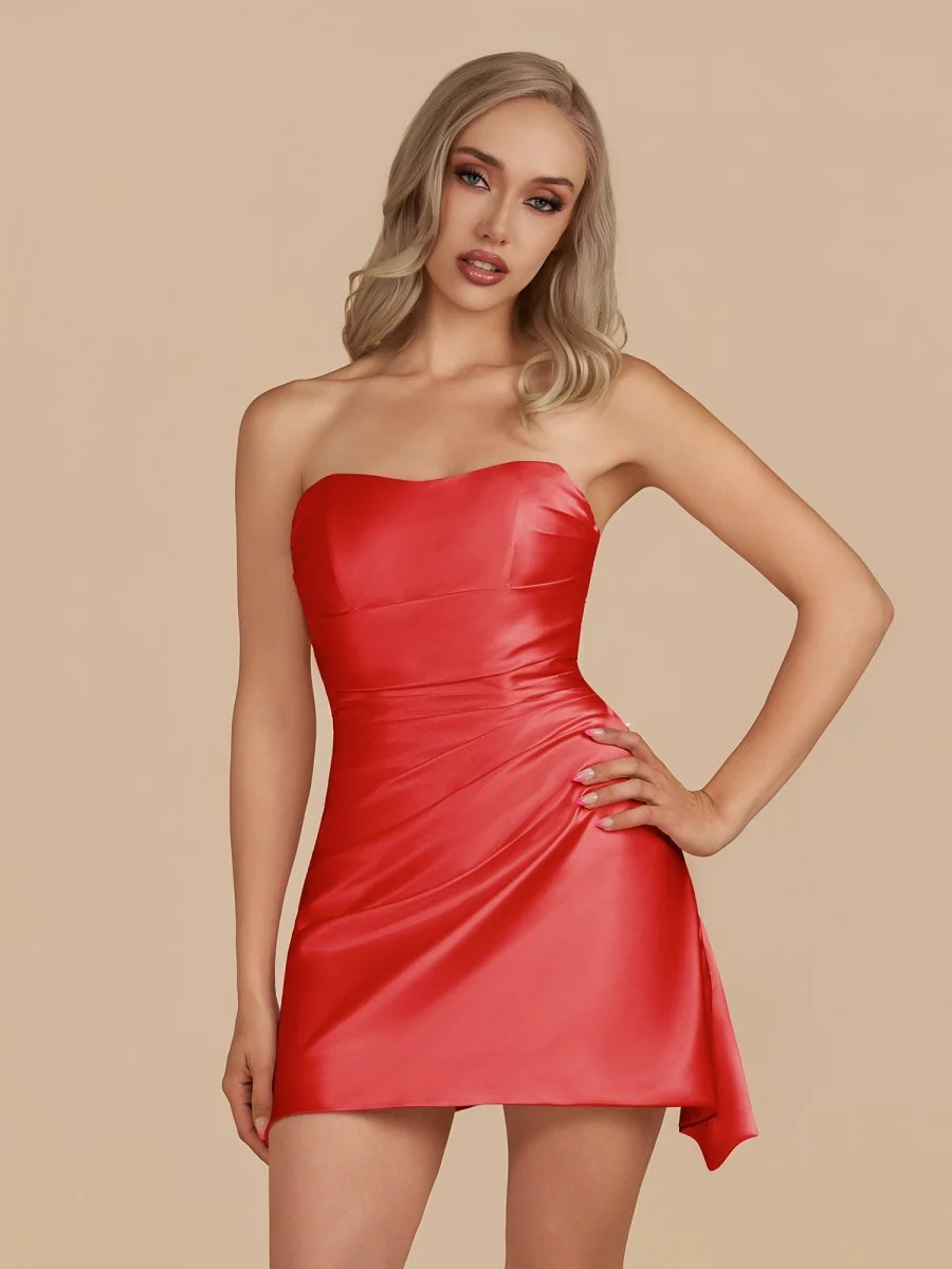 Red - Strapless Sheath Irregular Hem Satin Short Homecoming Dress