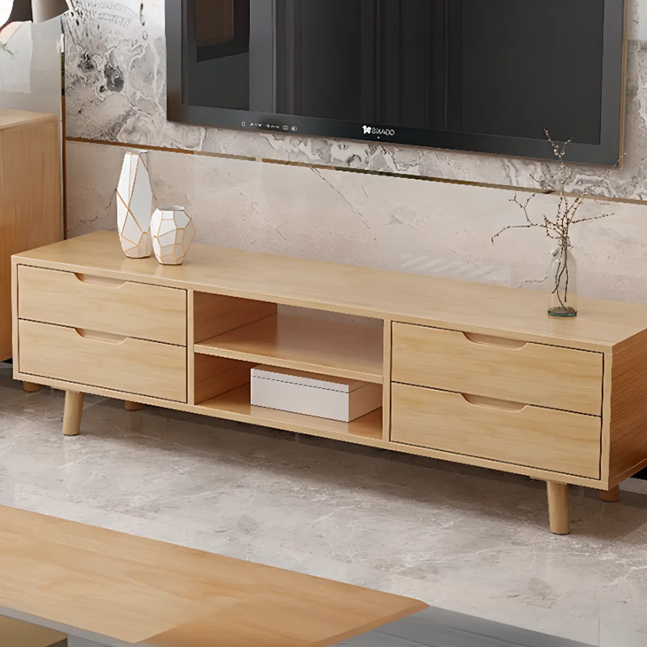 Durable Natural Wooden TV Stand with Cable Management