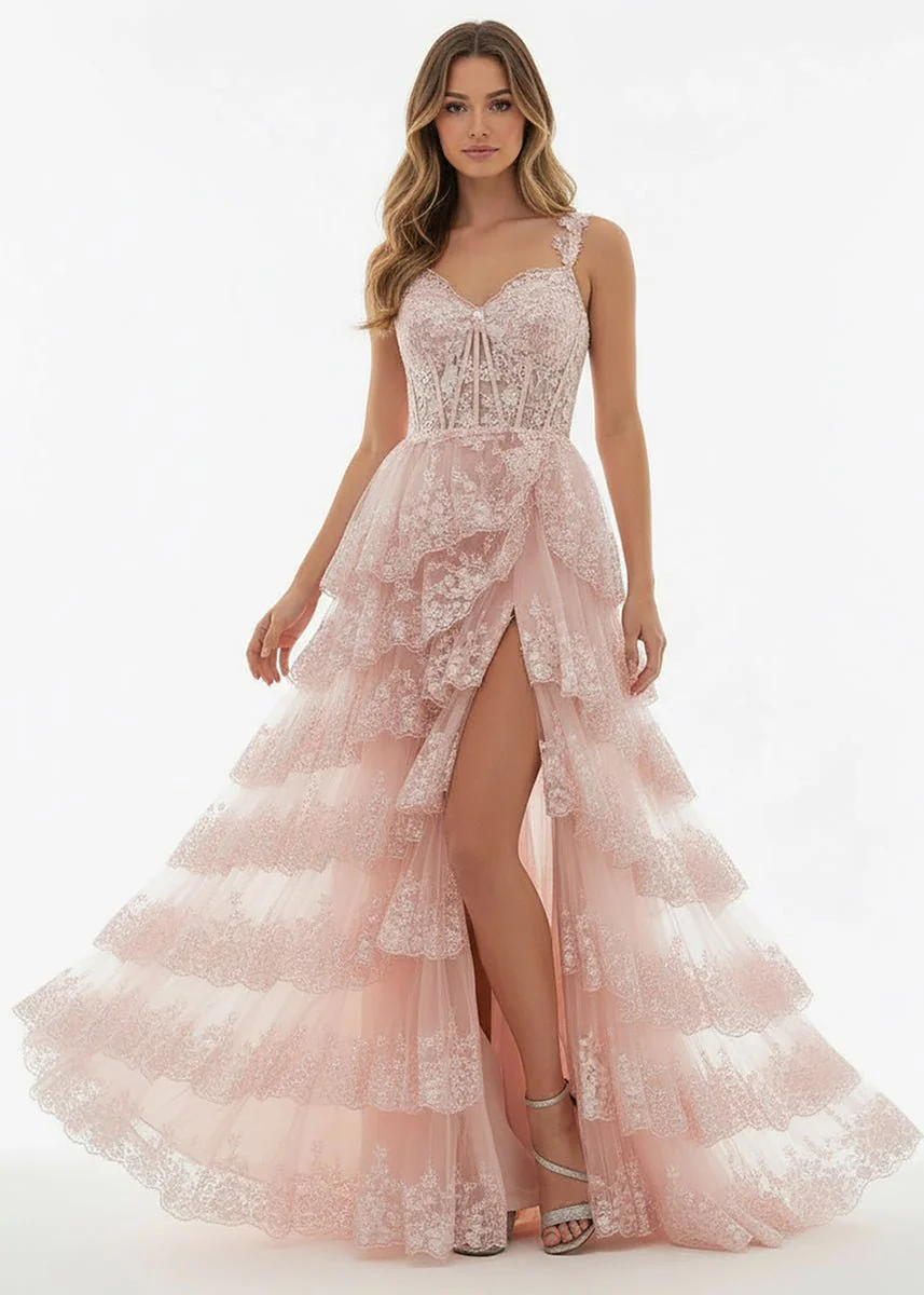 A-Line Lace Off-the-Shoulder Tiered Long Prom Dress with Slit