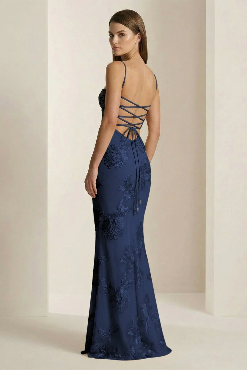 Yellow Spaghetti Straps Sheath Long Prom Dresses With Floral Embroidery