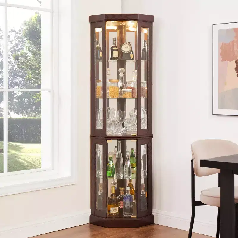 69 Lighted Corner Curio Cabinet with Tempered Glass Door & Shelves, LED Display Case Curved Wall Corner Storage Rack for Bar and Liquor Storage Area