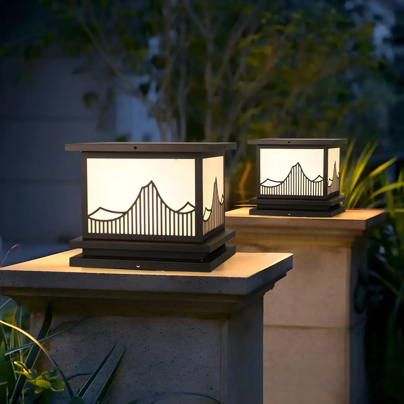 Modern Mountain Silhouette Black Solar Outdoor Post Lights