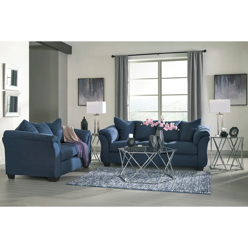 Aruca Navy Blue Microfiber Pillow Back Sofa and Loveseat Set