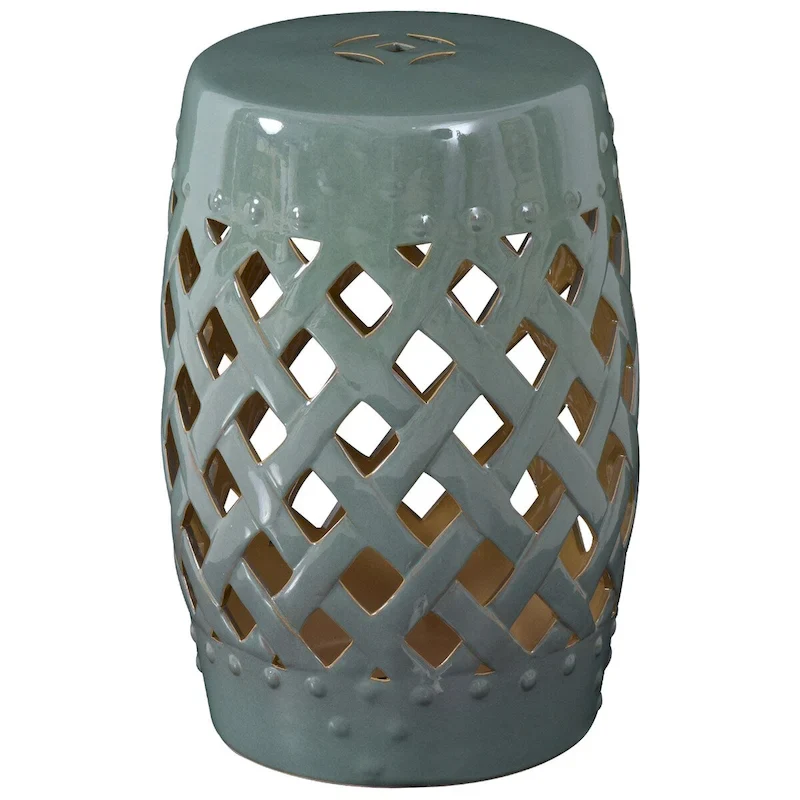 Patio Decorative End Table, Ceramic Garden Table with Woven Lattice Design & Glazed Strong Materials, Green