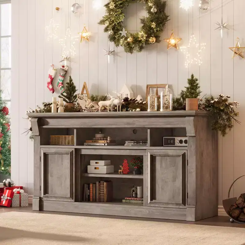 COZONY Farmhouse TV Stand for TVs up to 65, Entertainment Center with Adjustable Shelves, Storage Cabinets & Open Shelf for Living Room
