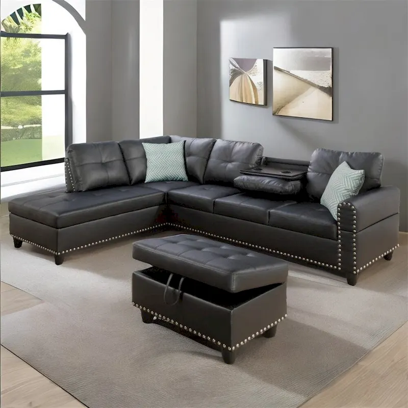 L-Shaped Faux Leather Sectional Sofa with Ottoman & Pillows — Living Room Set