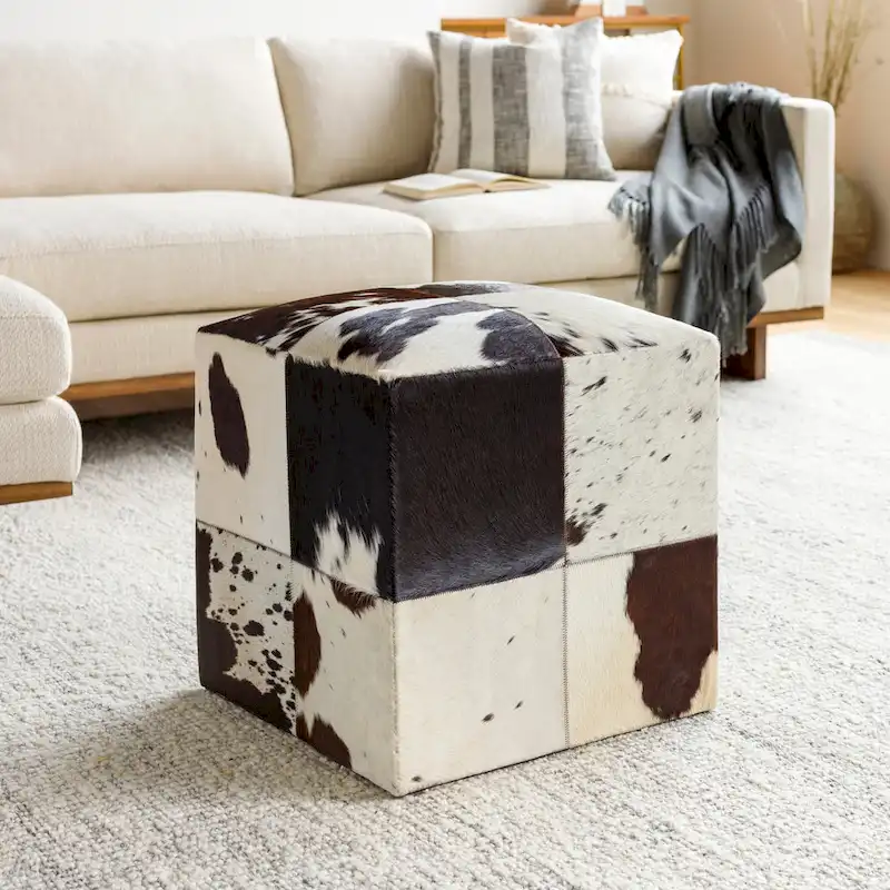 18-Inch Cube Pouf Ottoman, Leather & Cowhide Upholstery, Padded Top, Rigid Sides, Brown / Chevron / Cow / Pixels / Blocks / Checkers / Diamonds / Stripes, 1-Person Use