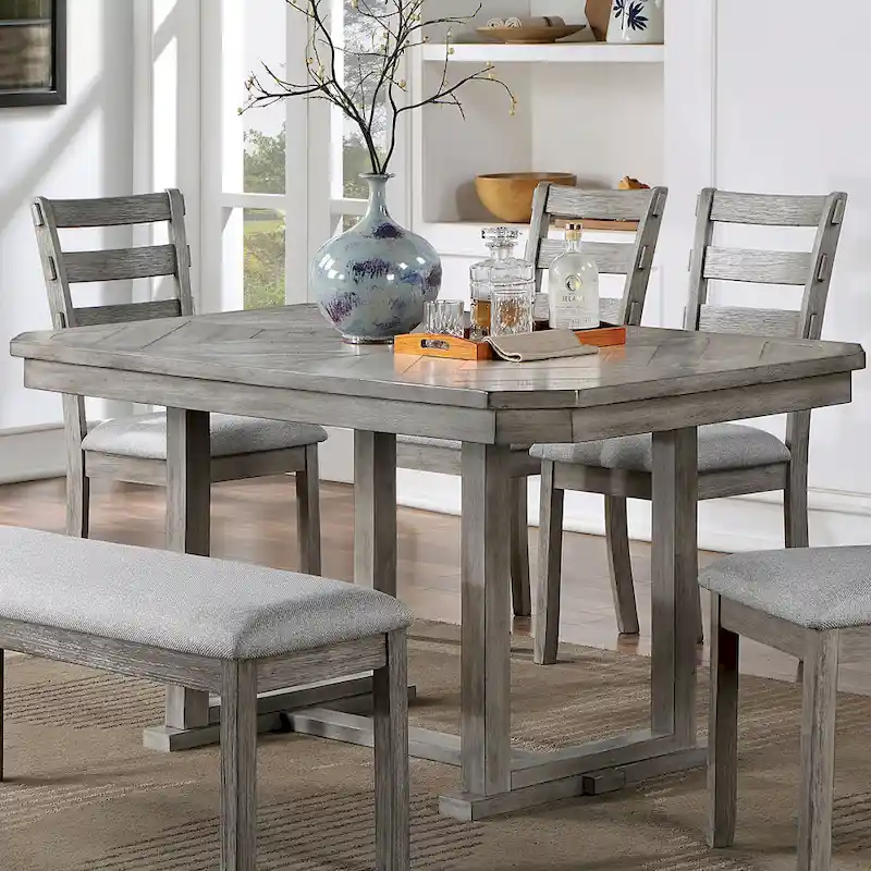 Grey Wood Dining Table with Diamond Pattern Top and Trestle Base - 60 Inch for 4-6 People