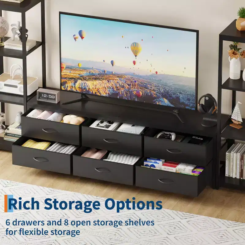TV Stands Dresser with 6 Fabric Drawers, Large Entertainment Center with 2 Industrial 4-Tier Storage Shelves, Modern TV Console Cabinet