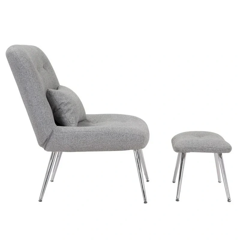 Lea 2pc Modern Lounge Chair and Ottoman Set, Gray Woven Upholstery, Chrome