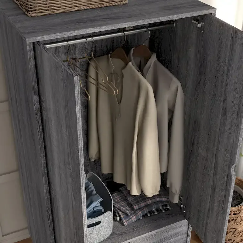 Minimalist Mid-Century Modern Distressed Grey 1-Drawer Wardrobe Armoire