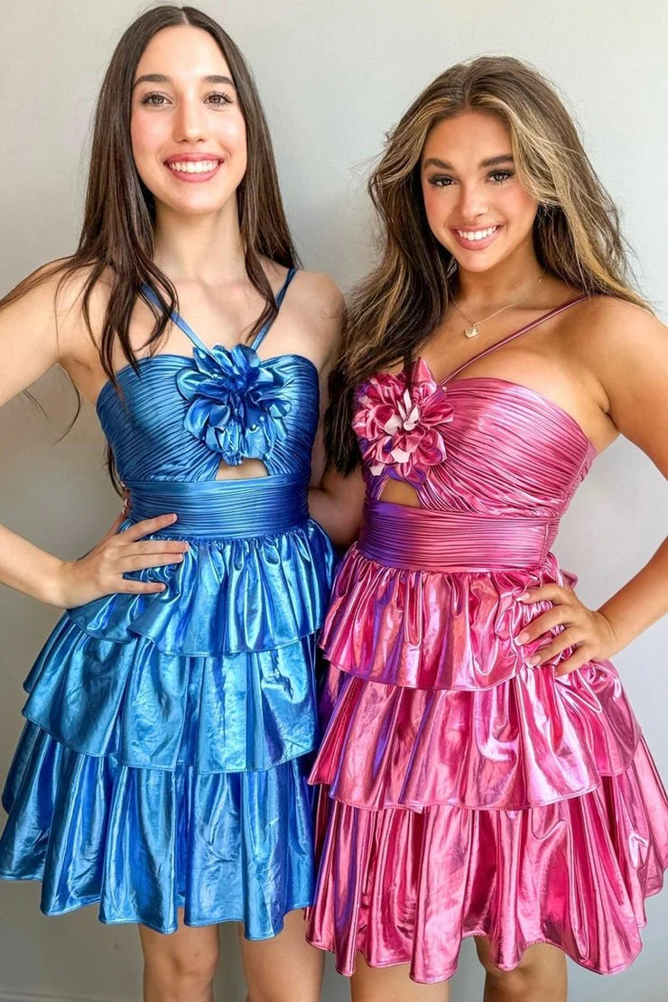 Royal Blue - Keyhole A Line Metallic Homecoming Dress With Flower