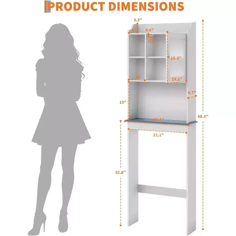 Over The Toilet Storage Cabinet with Adjustable Shelves & Tempered Glass Doors,Space Saving Freestanding Bathroom Organizer
